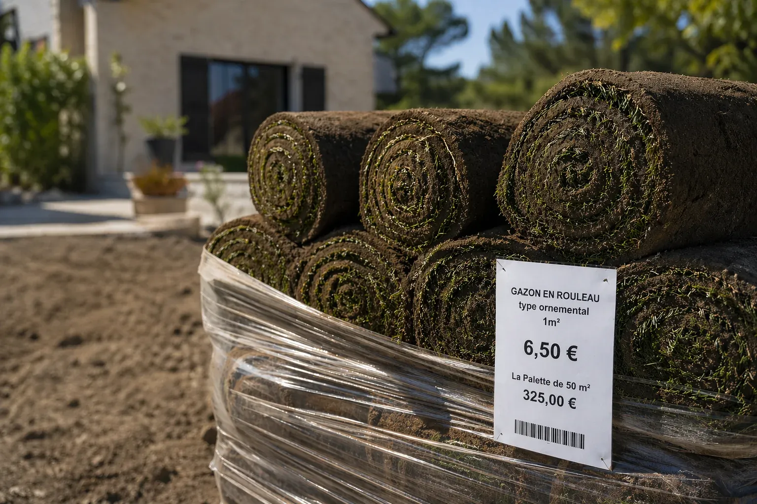 Palette de gazon en rouleau livrée sur chantier avec cartouche de prix
