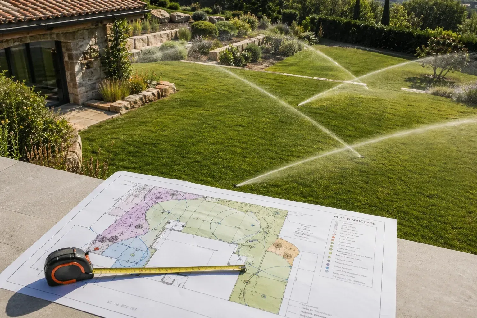Plan de secteurs d'arrosage automatique sur pelouse avec repères de prix