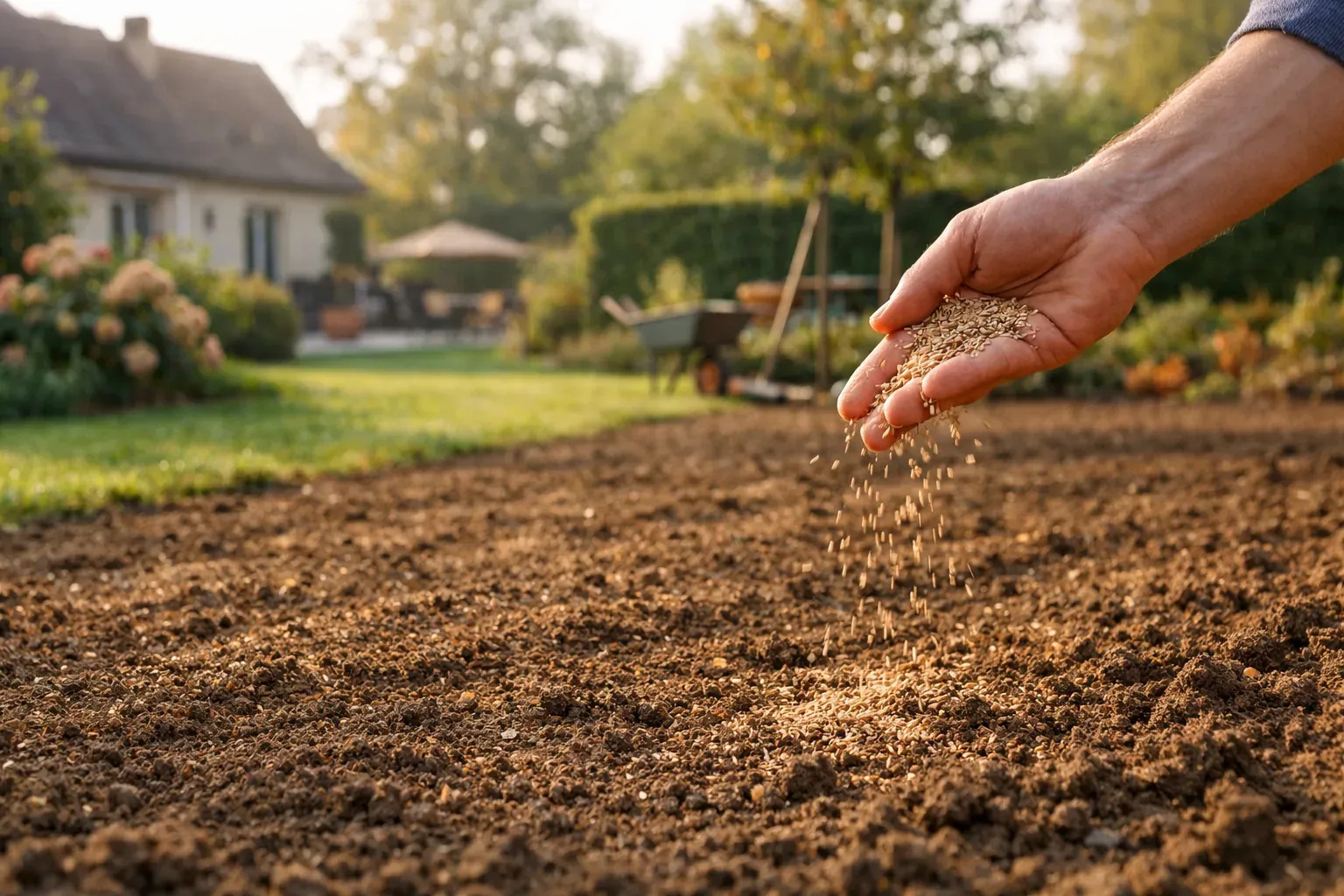 Sol fraîchement préparé prêt pour un semis de gazon au début de la bonne fenêtre saisonnière