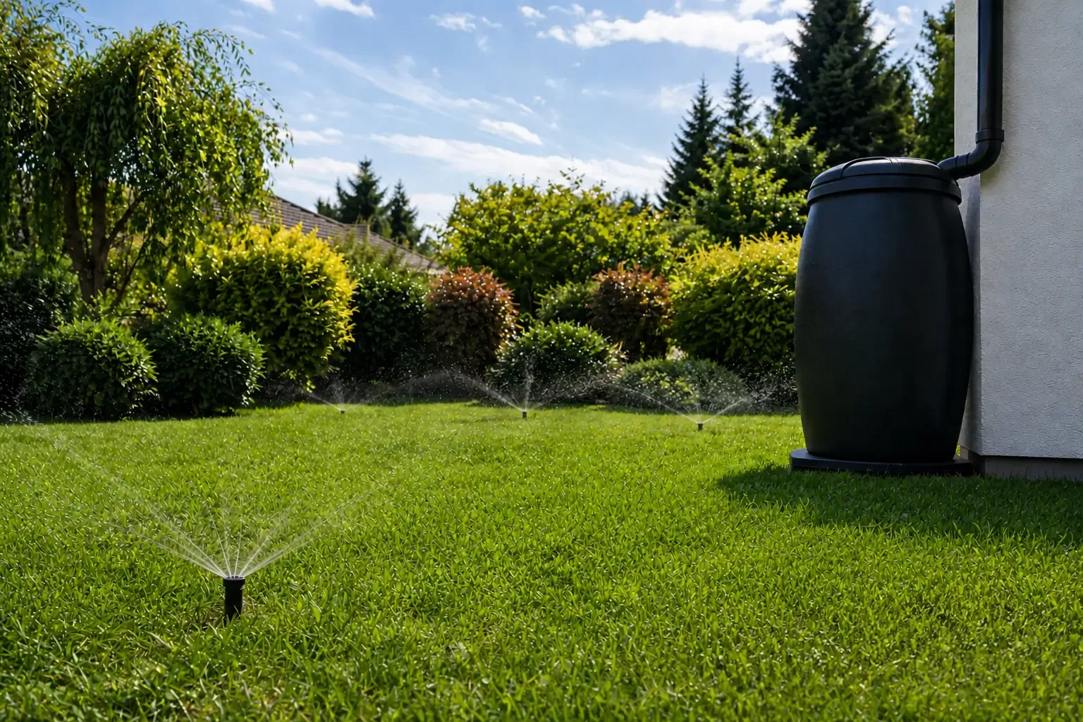 Cuve de récupération d'eau de pluie installée en façade de maison, avec asperseurs en fonctionnement sur une pelouse verte