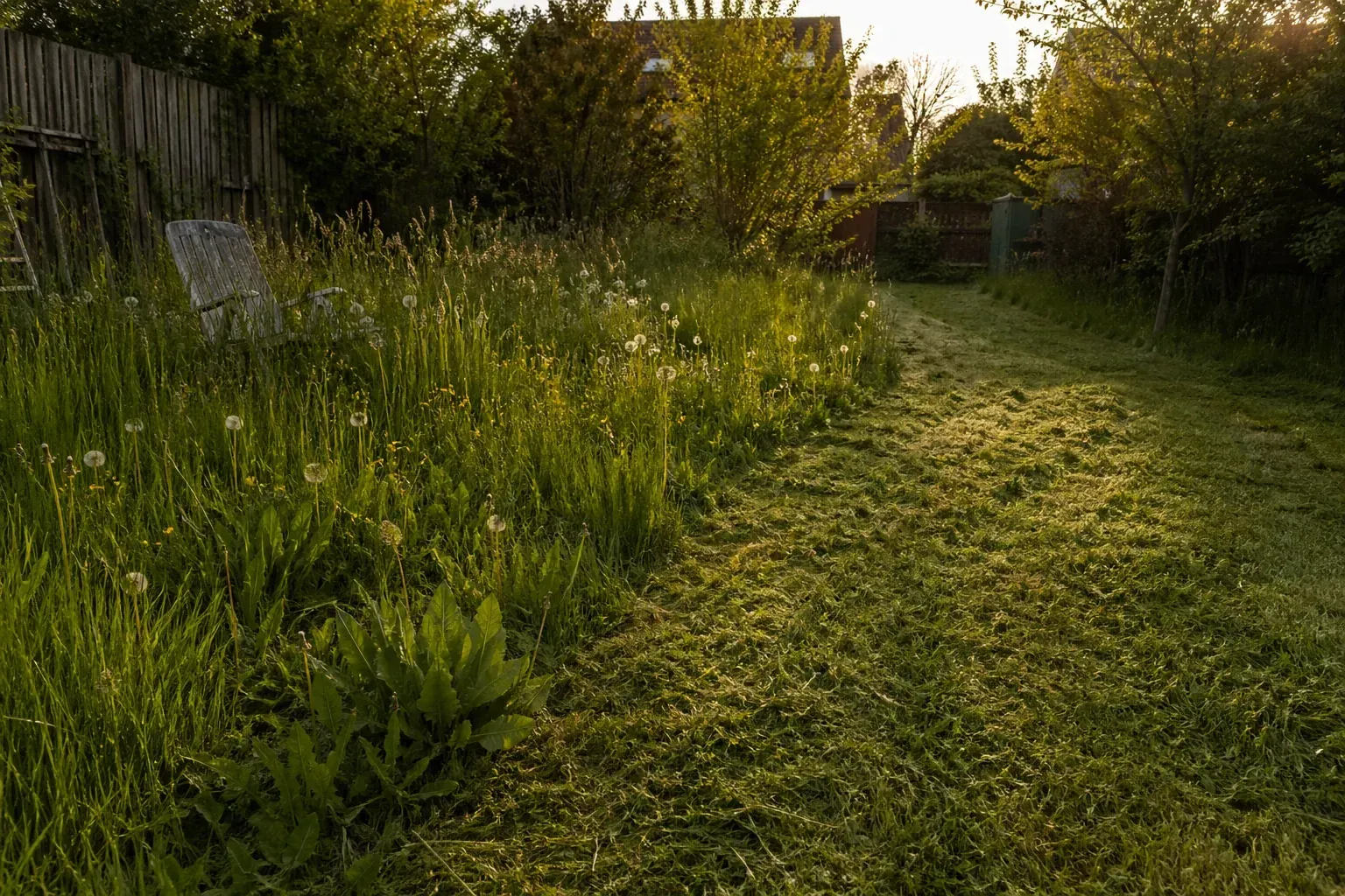Pelouse de jardin négligée envahie par les adventices, avec zones nues et touffes hautes irrégulières, en pleine reprise