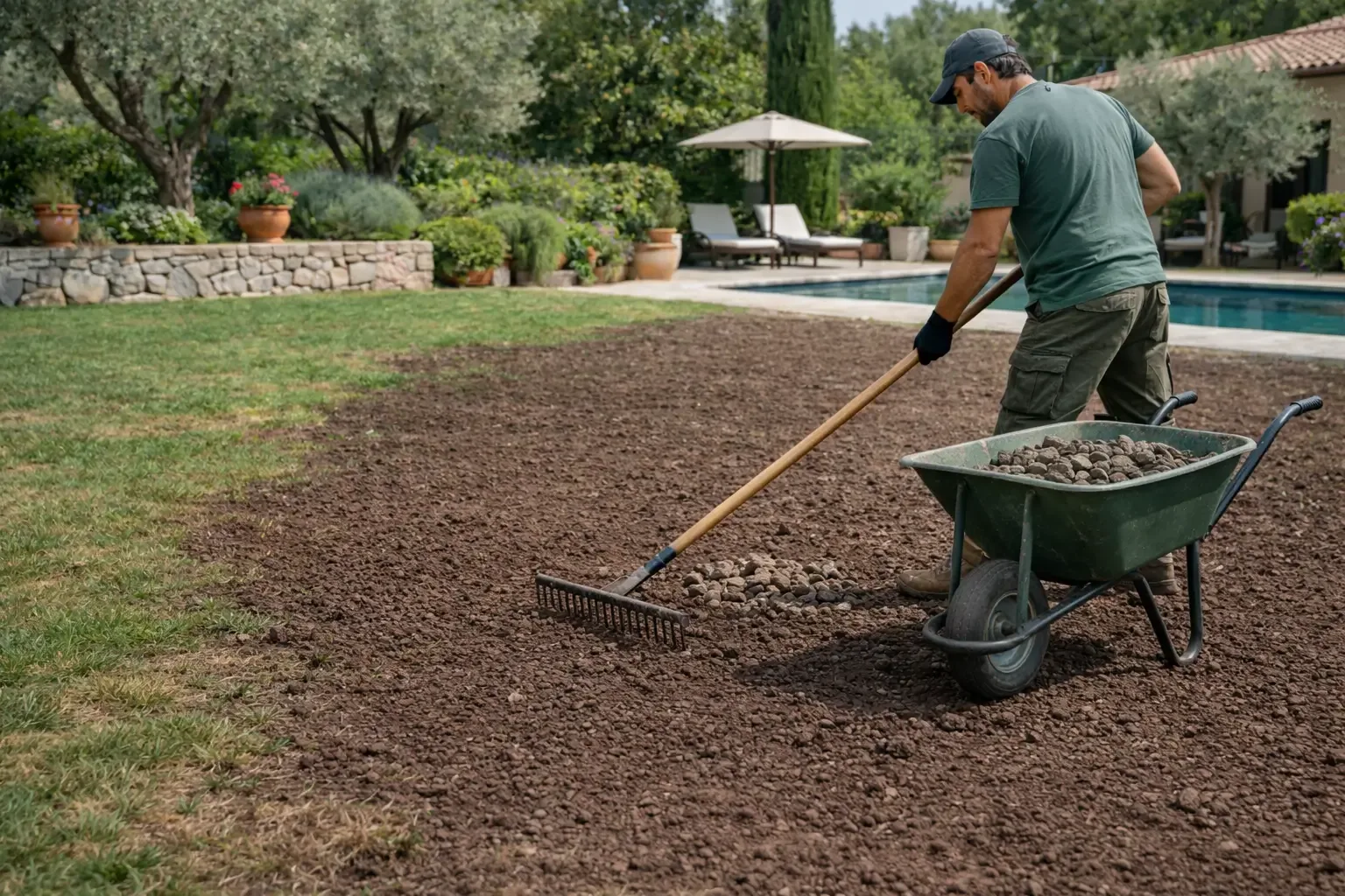 Rénovation de pelouse avec reprise du sol dans un jardin privé