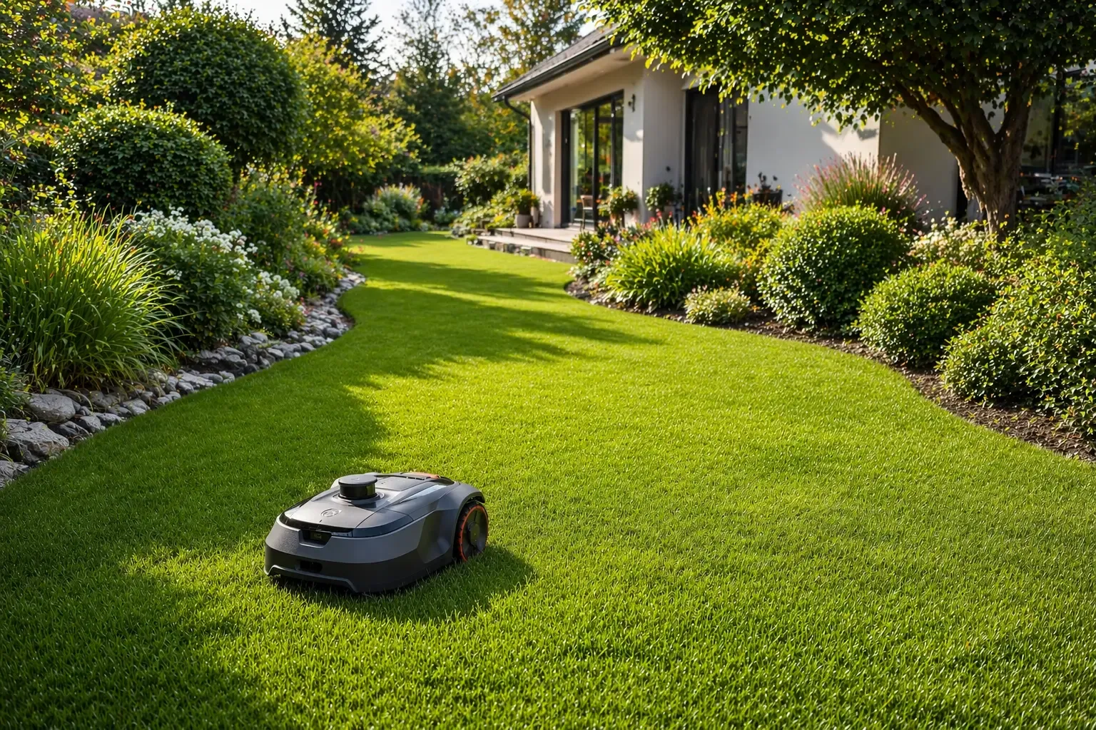 Robot tondeuse LiDAR sur une pelouse avec passage étroit, pente légère et obstacles de jardin