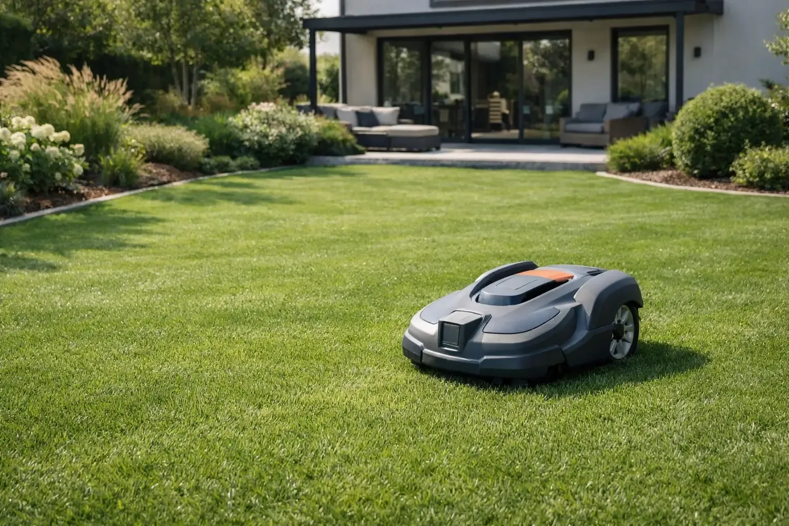 Robot tondeuse sur une pelouse dense avec peu de mauvaises herbes visibles