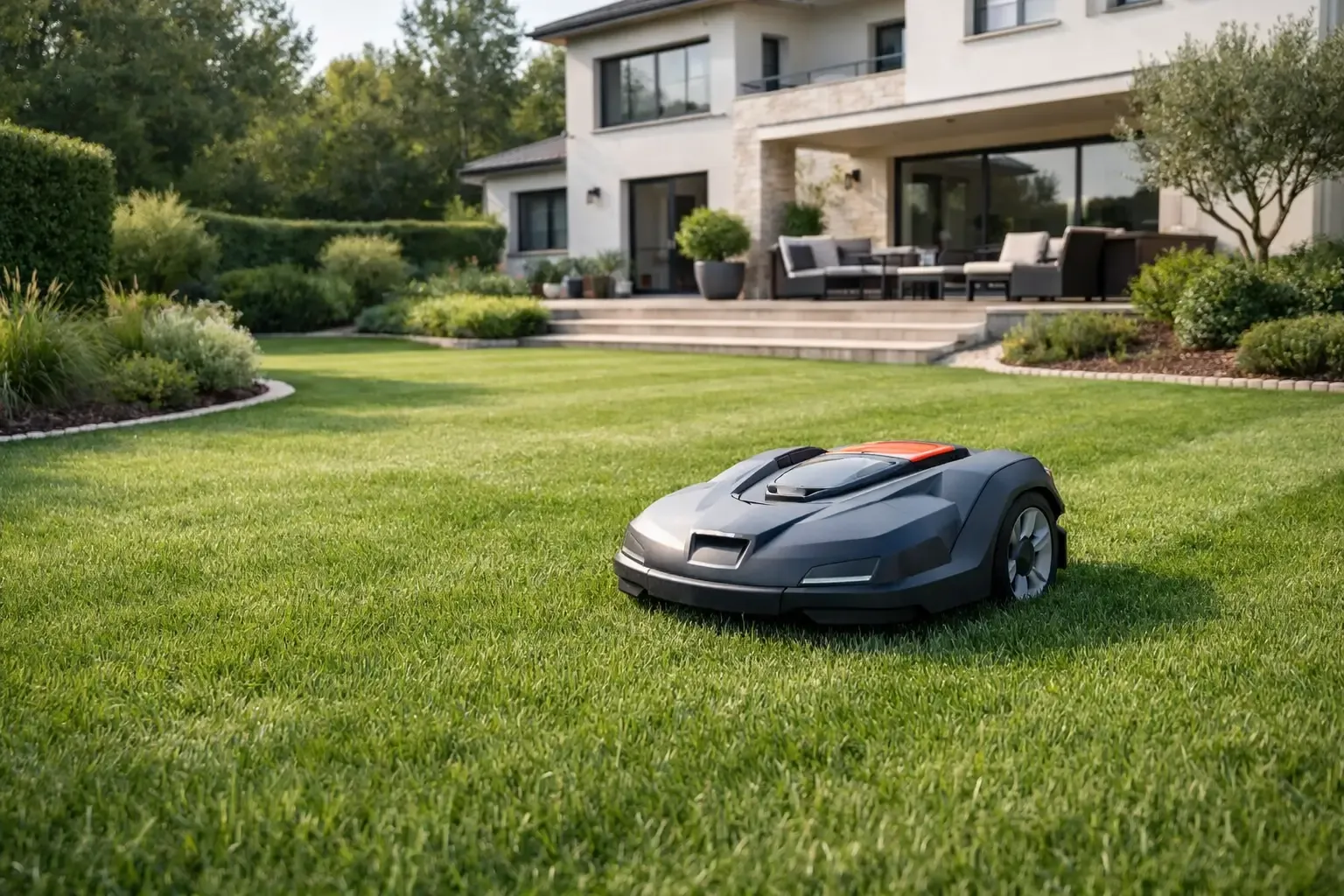 Robot tondeuse sur une pelouse résidentielle bien entretenue