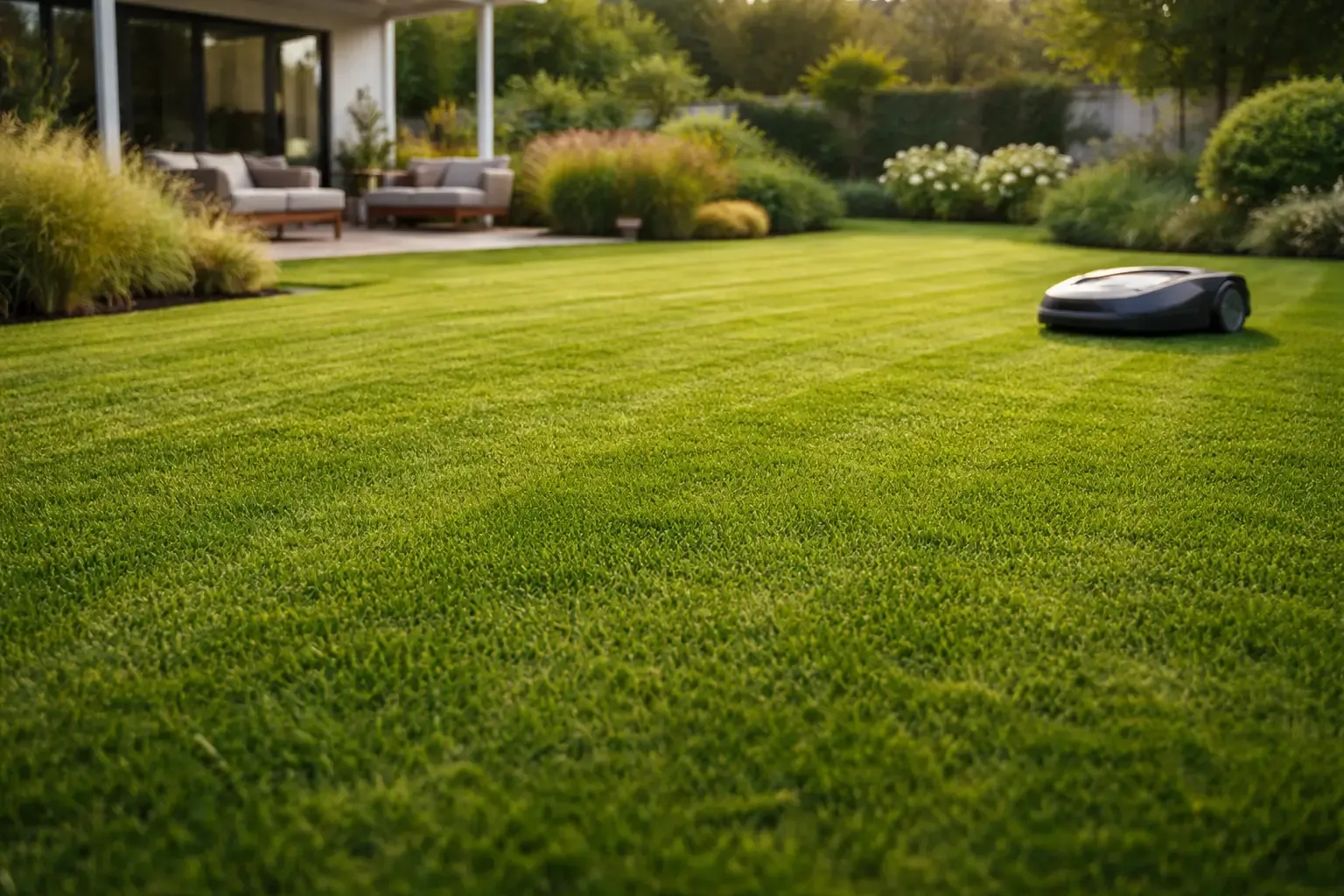 Jardin verdoyant avec tondeuse robotisée illustrant l'impact d'une coupe régulière sur la santé du gazon