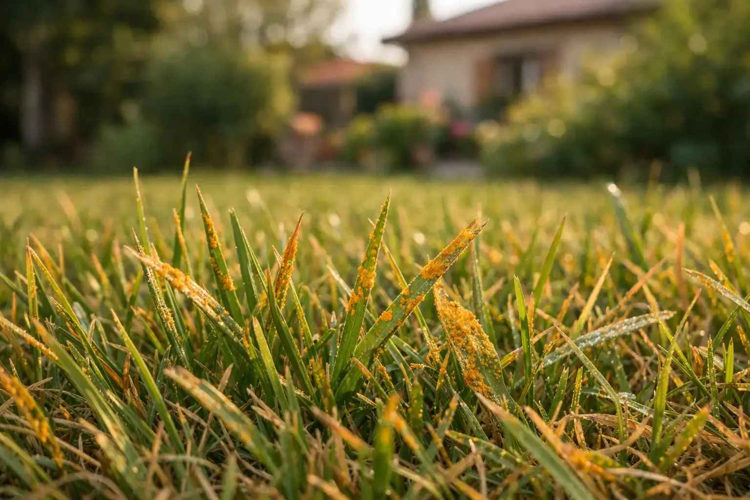 Pustules orange de rouille sur les brins d'une pelouse en fin d'été