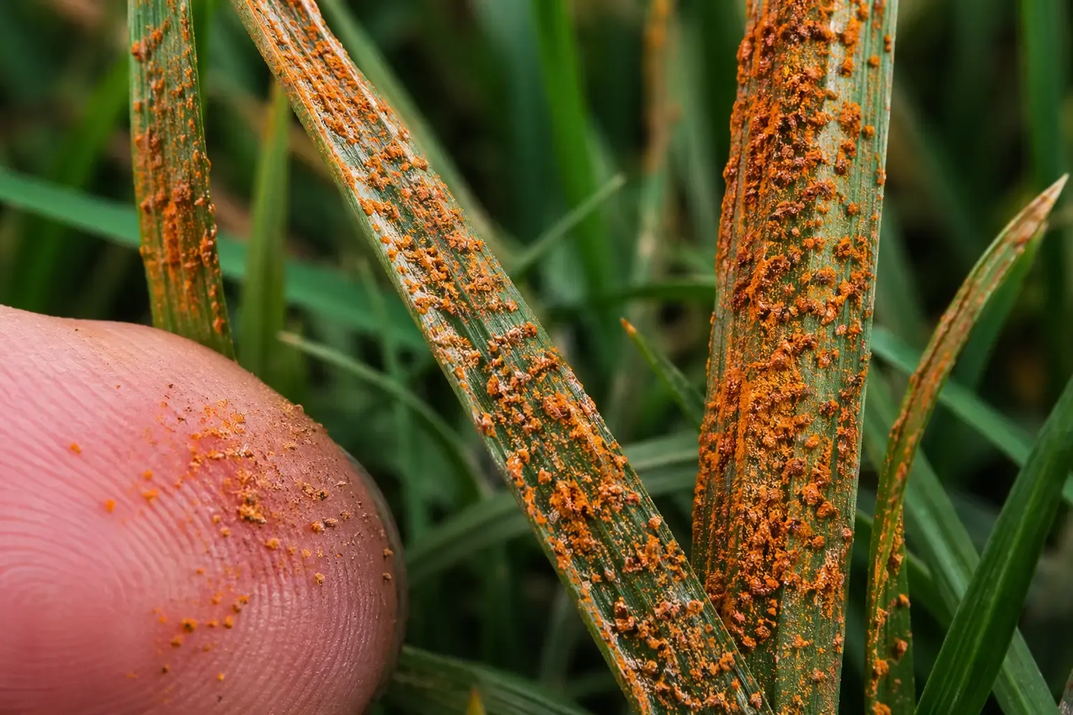 Pustules orange poudreuses de rouille alignées le long d'un brin de gazon en fin d'été, vues en macro