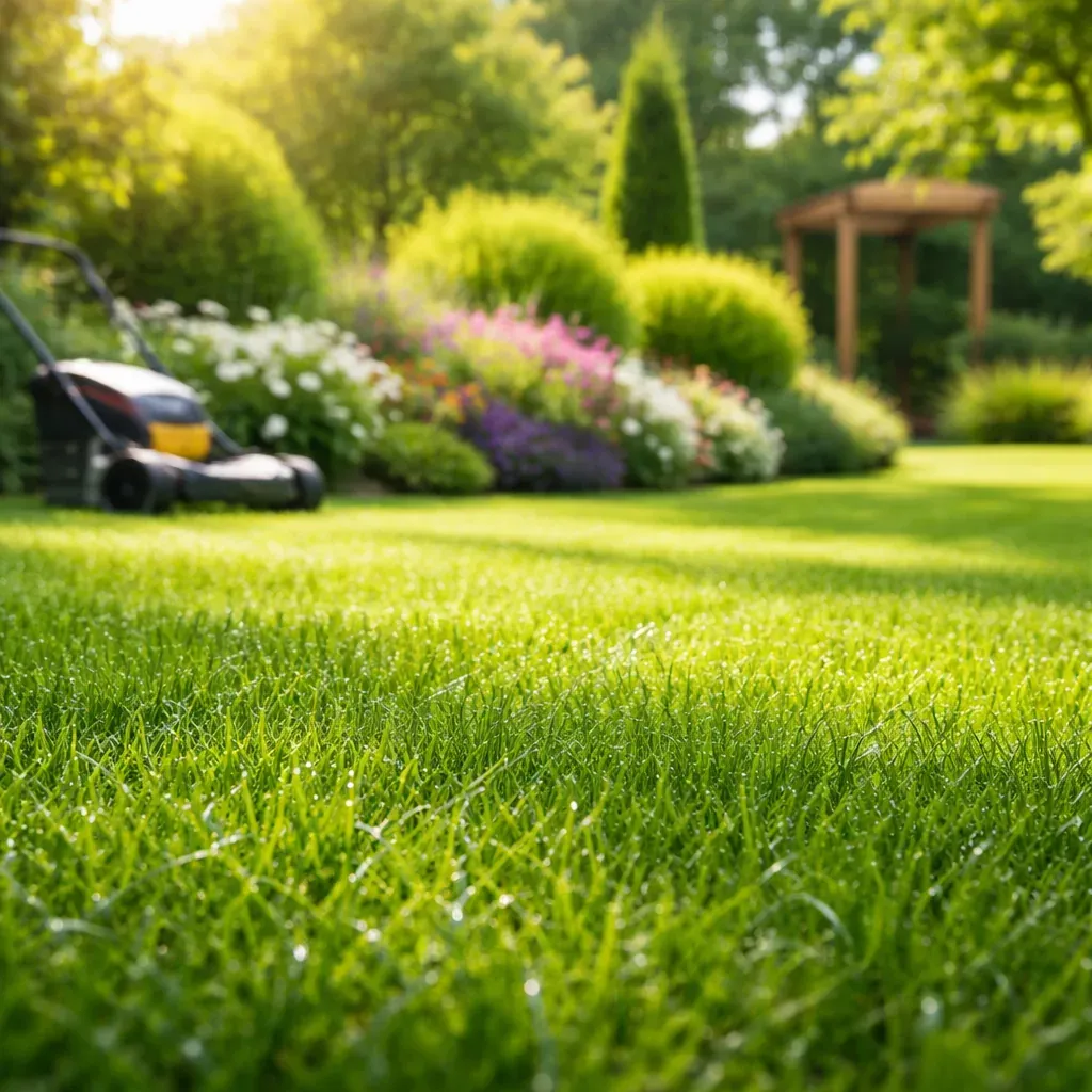 Entretien professionnel du gazon dans un jardin résidentiel haut de gamme