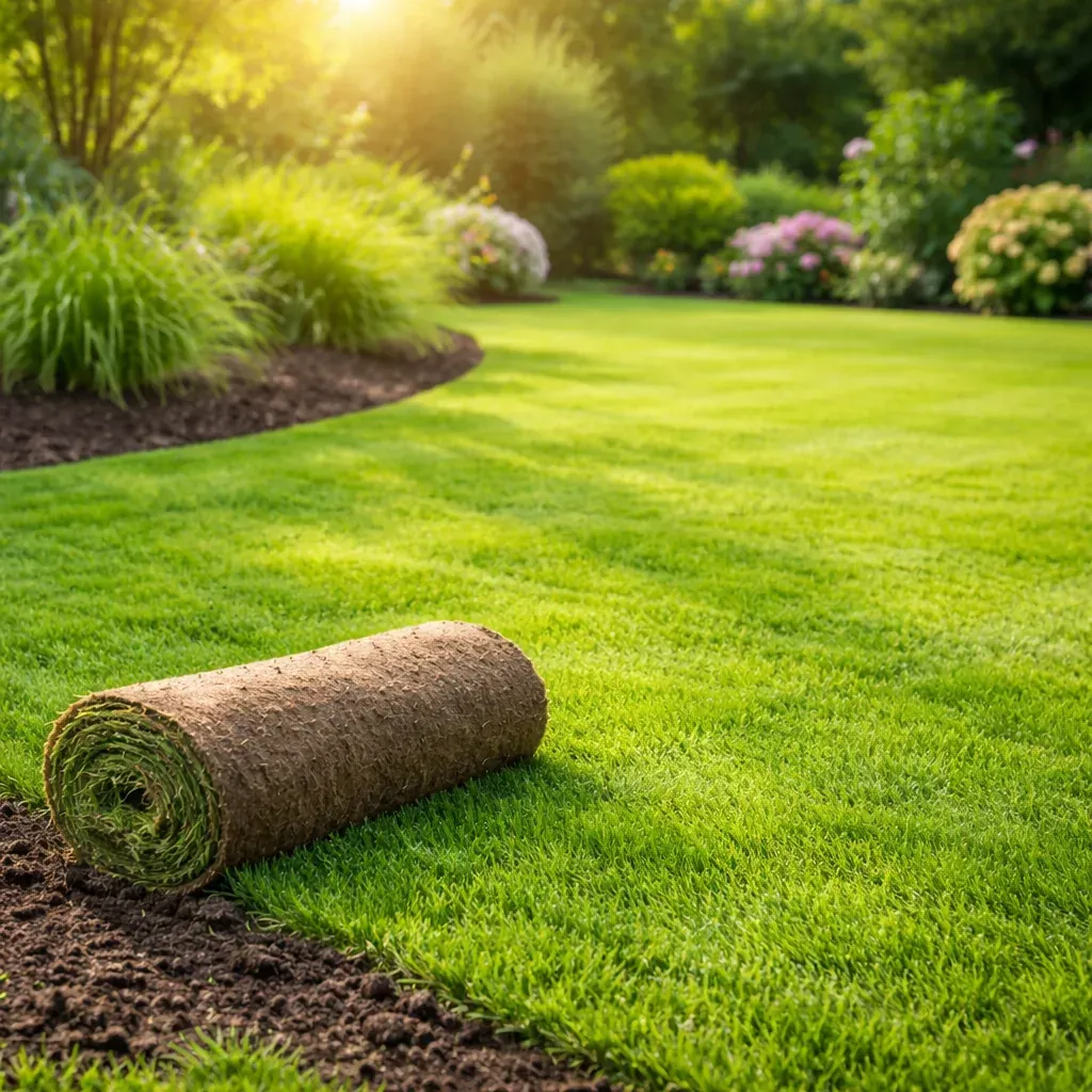Pose de gazon en rouleau dans un jardin résidentiel avec finitions soignées