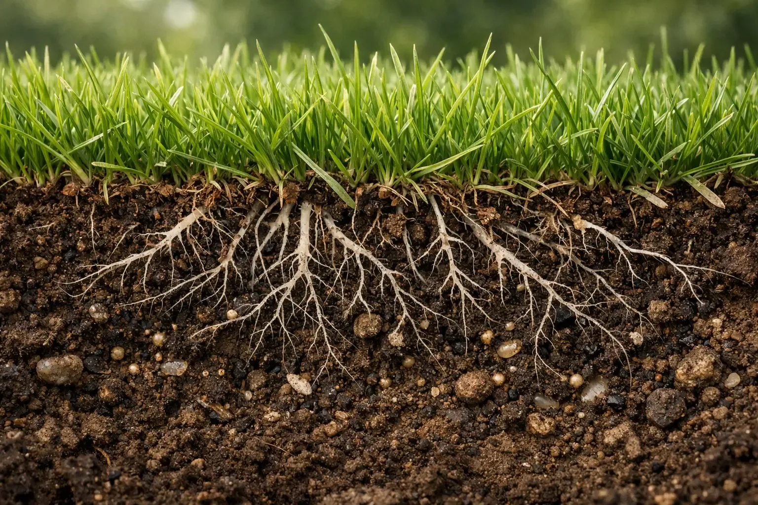 Système racinaire d'une pelouse et vie du sol avec mycorhizes et micro-organismes bénéfiques