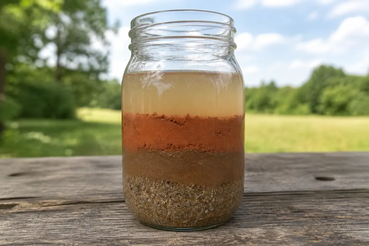 Bocal en verre avec terre décantée laissant apparaître les trois couches de sable, limon et argile après 24 h de repos