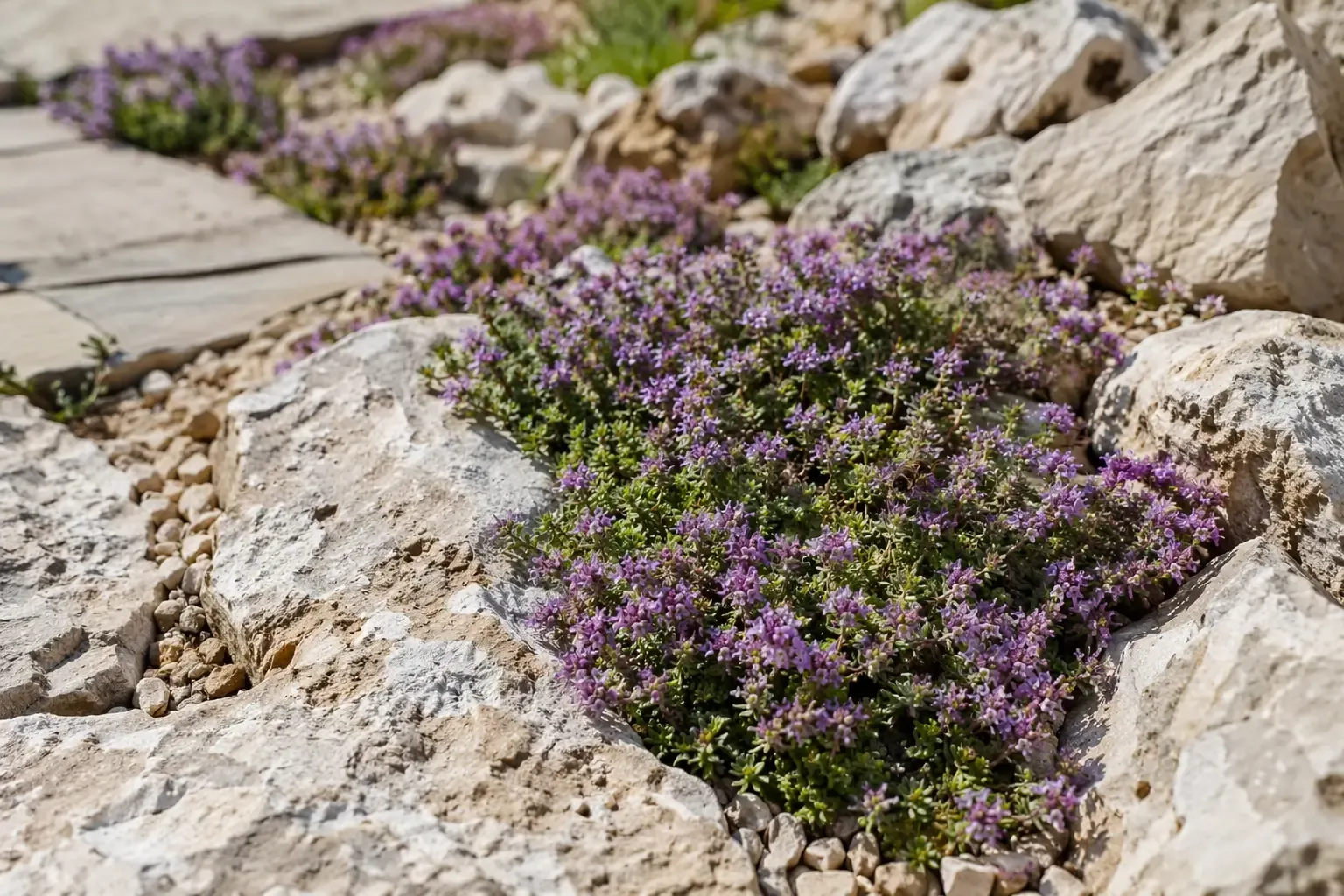 Thym serpolet en tapis fleuri mauve sur rocaille sèche ensoleillée