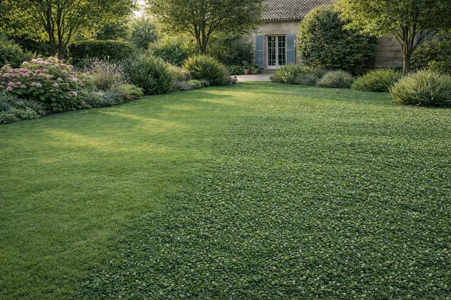 Pelouse en transition écologique avec couvert mixte tondu de trèfle, fétuque et dactyle