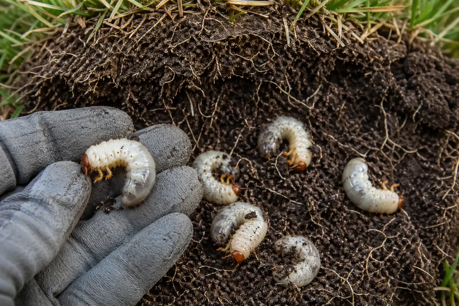 Larves blanches de hanneton en forme de C, corps crème et tête brune, posées sur la terre sous une plaque de gazon soulevée