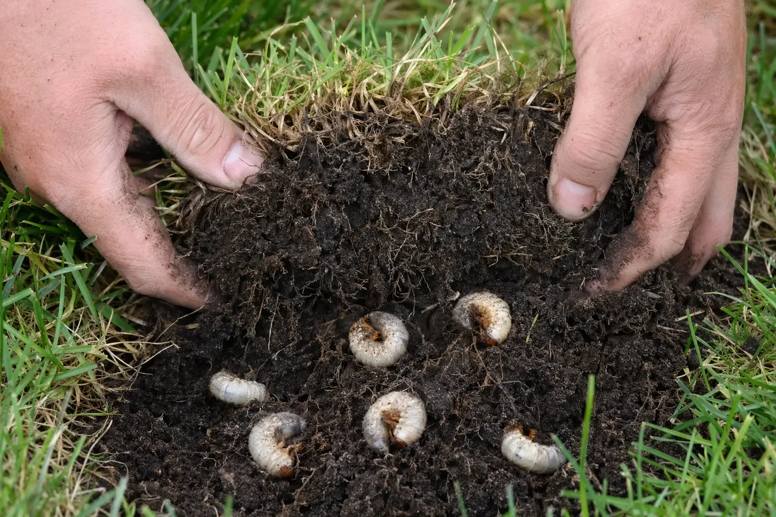 Larves de hannetons en C, blanc crème à tête brune, posées sur le sol sous une plaque de gazon soulevée pour le diagnostic